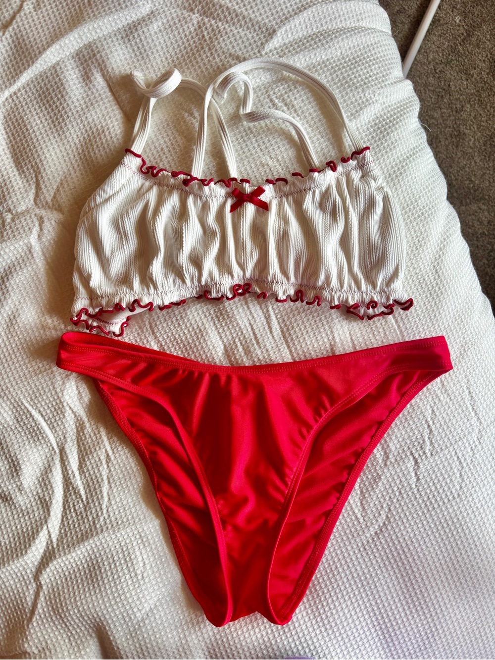 y2k red white bikini set size medium coquette americana cherry girl swim
